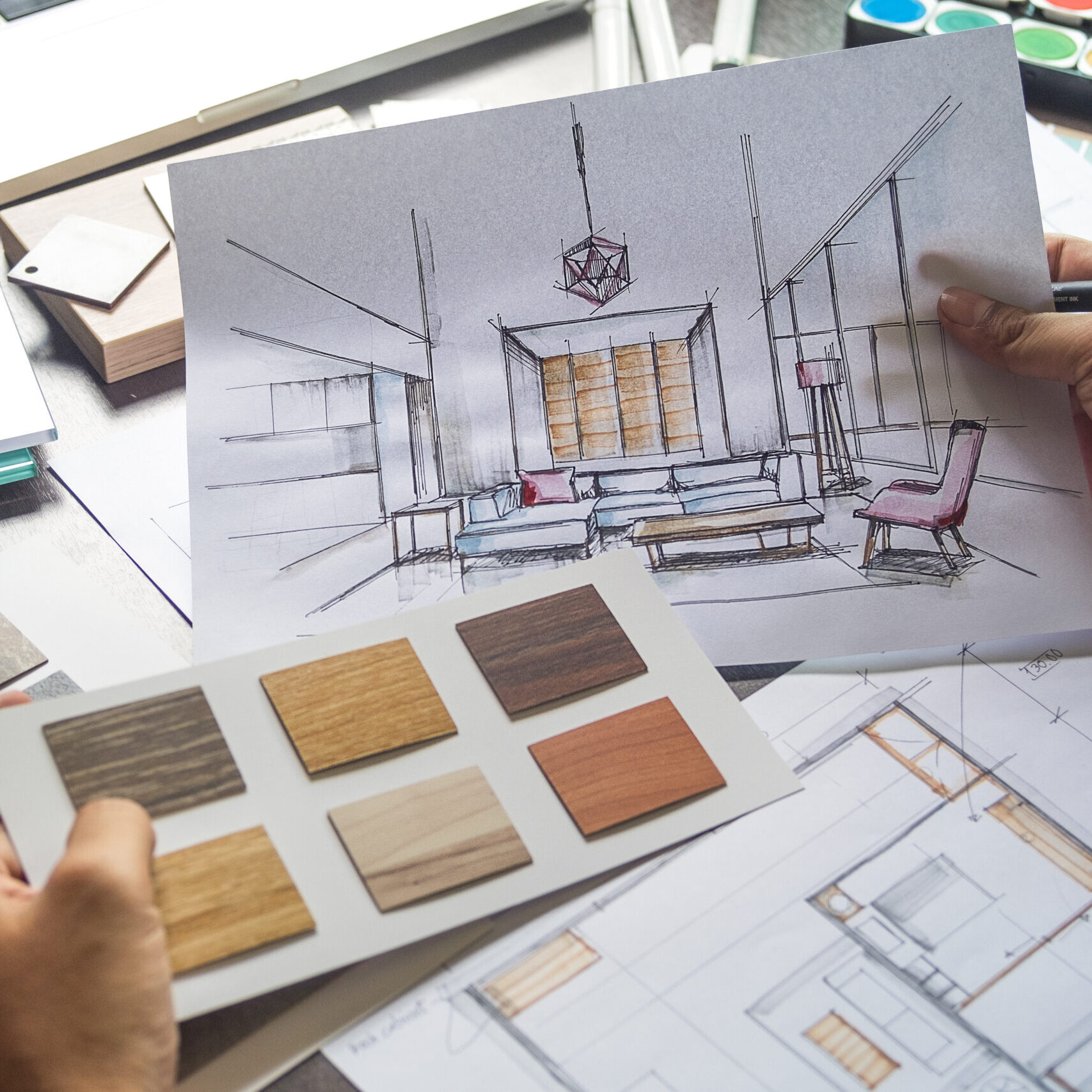 Architect designer Interior creative working hand drawing sketch plan blue print selection material color samples art tools Design Studio